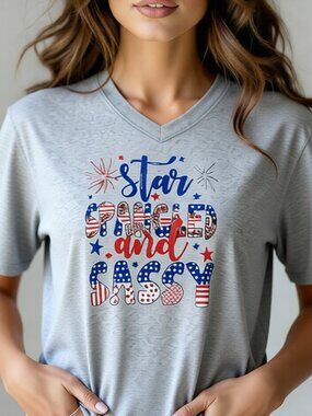 NWOT HEATHER GREY POLY BLEND V-NECK STAR SPANGLED & SASSY PATRIOTIC T-SHIRT XL
